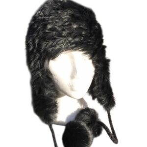 RUDSAK Lightweight Black Knitted Rabbit Fur Trapper Hat